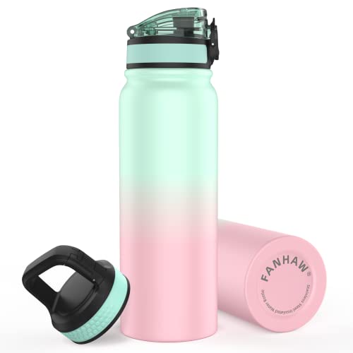 Fanhaw Water Bottles Stainless Steel Insulated Vacuum 20oz Water Bottle for Kids/Adults, 2 Lids Leak Proof Thicken Double Wall for Cold & Hot Beverages, BPA Free, Dishwasher Safe (Green-Pink)