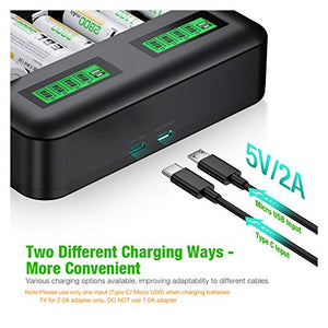 EBL LCD Universal Battery Charger - 8 Bay AA AAA C D Battery Charger for Rechargeable Batteries Ni-MH AA AAA C D Batteries with 2A USB Port, Type C Input, Fast AA AAA Battery Charger