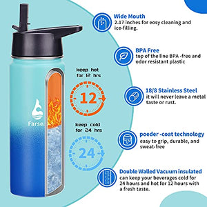 Farsea Insulated Water Bottle with Straw Lid & Spout Lid & Paracord Handle, Stainless Steel Water Bottle Wide Mouth, Double Wall Sweat-Proof BPA-Free, 18 oz, Gradient Mint + Blue